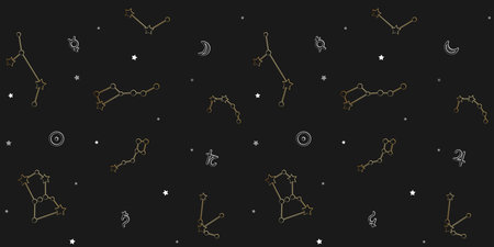 Golden outline constellations and gray planet symbols on a black background with small stars....