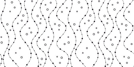 Black bubbles and wavy threads with beads on a white background. Abstract endless texture with simple monochrome ornament. Vector seamless pattern for giftwrap and surface textureのイラスト素材
