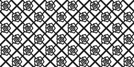 Black and white rhomboid grid with decorative roses. Monochrome endless texture with abstract flowers on a checkered background. Vector seamless pattern for surface texture, printのイラスト素材