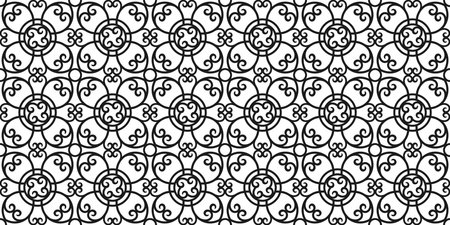 Black and white background with repeating openwork curly ornament. Abstract endless texture with elegant lace lattice. Vector seamless pattern for wrapping paper, giftwrap or printのイラスト素材