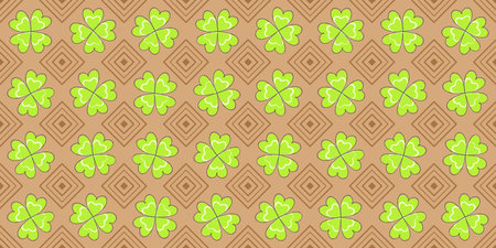 Green clover leaves with black edging and striped rhombs on a beige background. St. Patrick's Day endless texture with plant and geometric ornament. Vector seamless pattern, printのイラスト素材