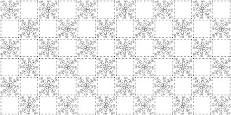 Black and white checkered background of repeating squares of dots and swirls. Abstract endless texture with openwork and geometric ornaments. Vector seamless pattern for printingのイラスト素材