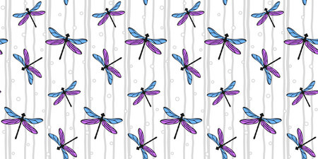 Decorative dragonflies with blue and purple wings on a white and gray striped background with small circles. Cute endless texture. Vector seamless pattern for wrapping paper, printのイラスト素材
