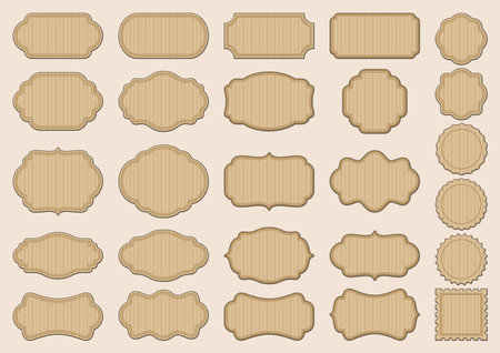 Label frames with ornamental edges and light brown striped texture. Vintage large collection of different stickers, isolated on a pale beige background. Vector big set for postcardのイラスト素材