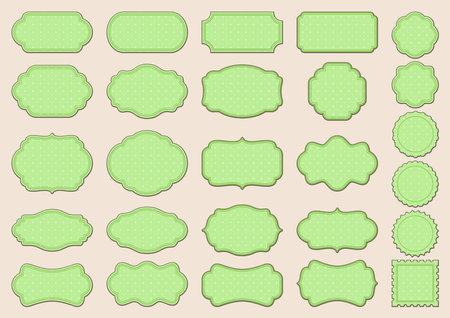 Label frames with ornamental edges and green polka dot texture. Vintage large collection of different stickers, isolated on a pale beige background. Vector big set for scrapbookingのイラスト素材