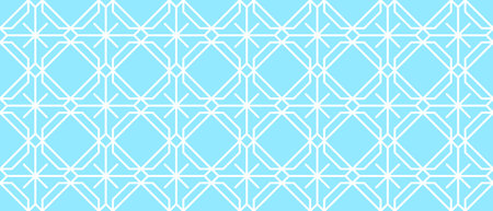 White grid of repeating geometric shapes on a blue background. Abstract endless texture with outline linear ornament. Vector seamless pattern for wrapping paper, giftwrap, printingのイラスト素材