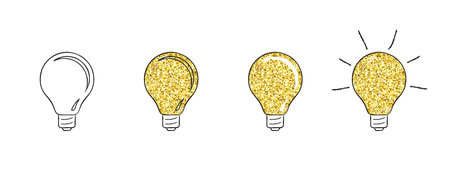 Black and white outline light bulbs and with golden glitter texture, isolated on a white background. Collection of decorative electric lamps. Vector set for logo, print for t-shirtのイラスト素材