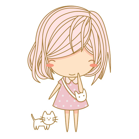 Cute little girl wearing shoulder bag, standing with cat. Vector illustration, character design. Isolated with white backgroundのイラスト素材