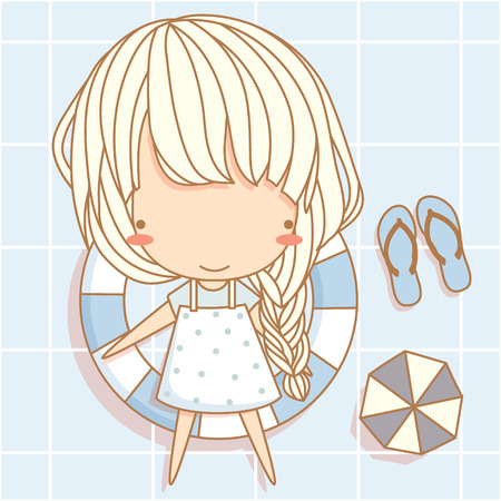 Cute little girl with swimming ring at swimming pool. Vector illustration, character designのイラスト素材