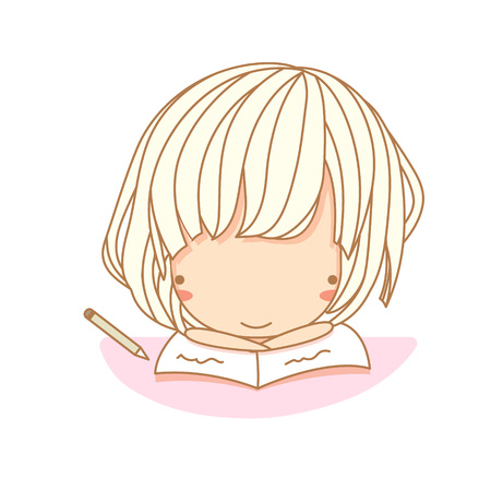 Cute little girl reading a book. Vector illustration, character design. Isolated with white backgroundのイラスト素材