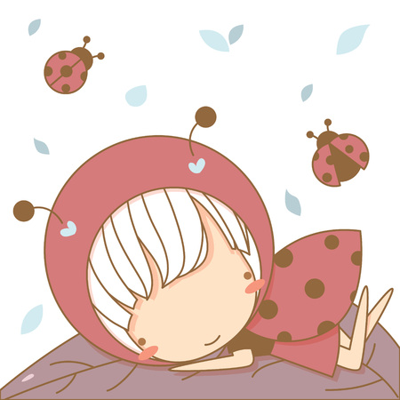 Cute little girl wear Ladybug costume on big brow leaf around with two little bug. red bug, Vector illustration, character designのイラスト素材