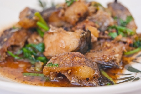 Thai Food (Pud Ped Pra) fish fried with chili, herbs and vegetables の写真素材