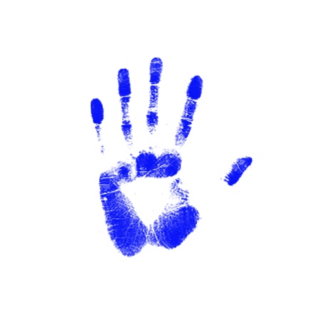 Blue trace of a human hand on white background 
