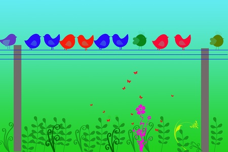 Birds on the poles and grass Illustration of a cartoon の写真素材
