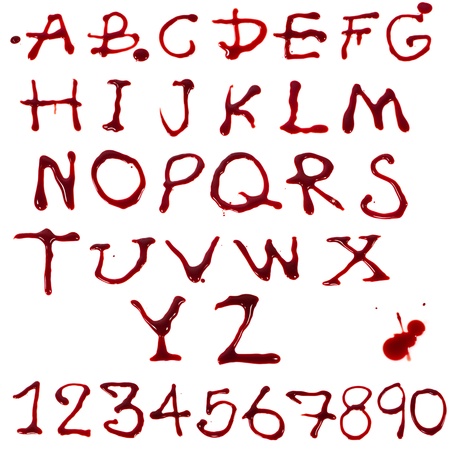 Letters A-Z and 1-10 dripping with blood on white backgroundの写真素材