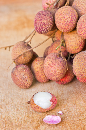 lychee arranged on the wood blockの写真素材