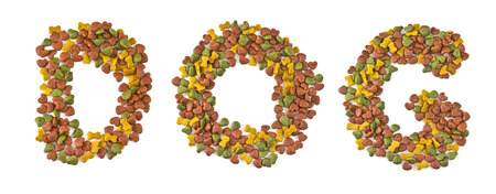Dog food on white background  Letters that dogsの写真素材