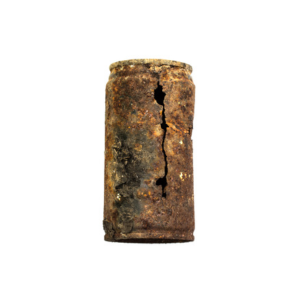 Old rusty tin can on white backgroundの写真素材