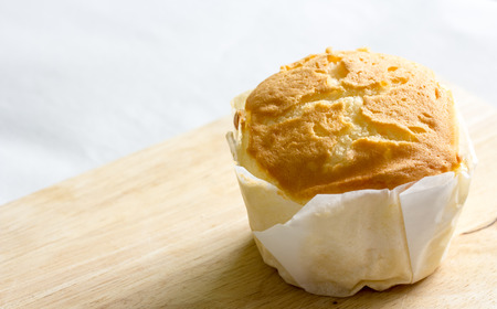 milk flavor soft cake on woodの写真素材