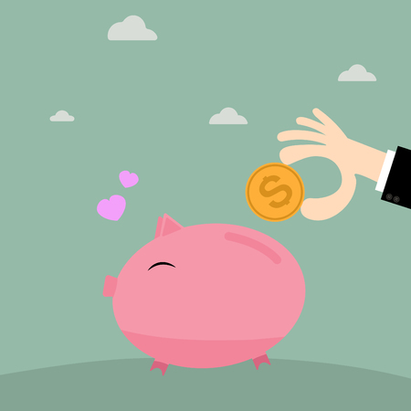 Businessman hand putting coin into piggy bank, business concept in saving money. Flat design.のイラスト素材