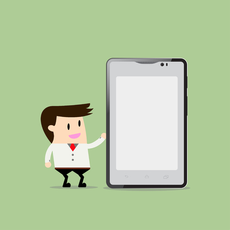 Businessman holding smartphone. Flat design business concept cartoon illustration.のイラスト素材