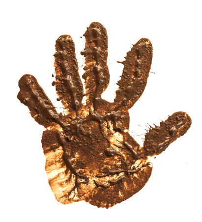 hand mud print on white backgroundの写真素材