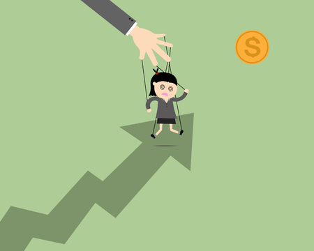 Businesswomen leader puppet on ropes to target and teamwork go together. Business manipulate behind the scene conceptのイラスト素材