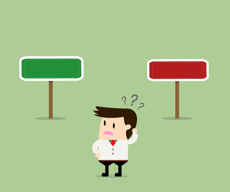 Business concept, Businessman confused about two direction. Vector illustration.のイラスト素材