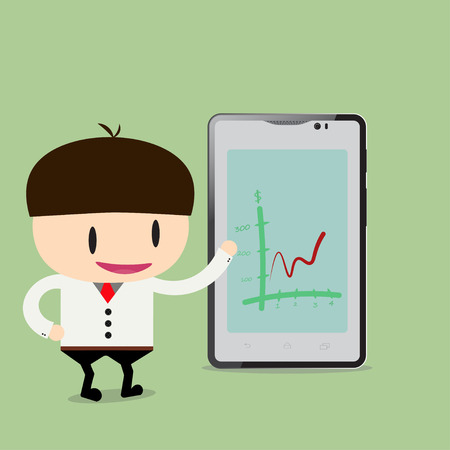 Businessman pointing graph up on tablet. Flat design business concept cartoon illustrationのイラスト素材