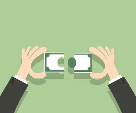 Money transfer with man hands. Assembling jigsaw puzzleのイラスト素材