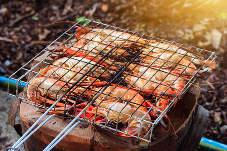 Homemade grilled river prawns and yellow tone with sun.の写真素材