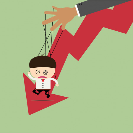 Businessman puppet on ropes and graph down. Business manipulate behind the scene conceptのイラスト素材