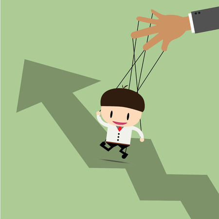 Businessman puppet on ropes and graph up. Business manipulate behind the scene conceptのイラスト素材