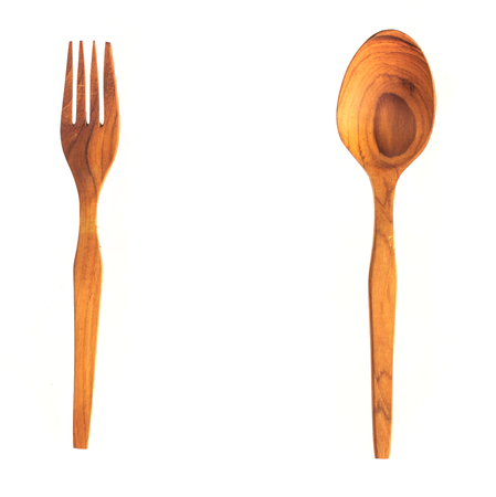 Wooden spoon and fork on white backgroundの写真素材