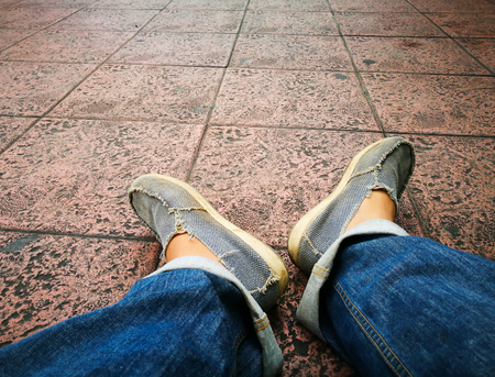 Foot and legs seen from above. Selfie great for any use.