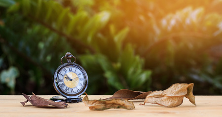 Pocket watch on Wood floor with dried leaf.