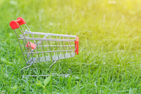 Shopping cart on green grass, Shopping conceptの写真素材