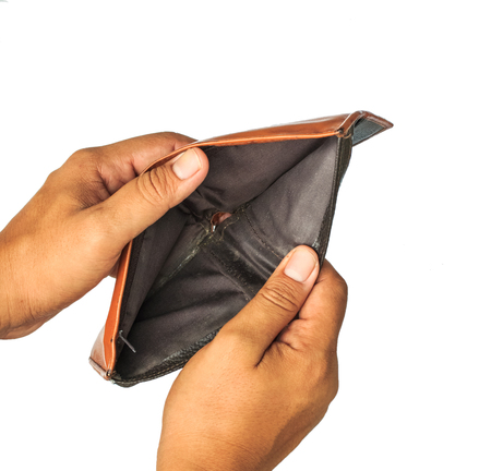 Open empty brown leather wallet , no money in pocket, empty