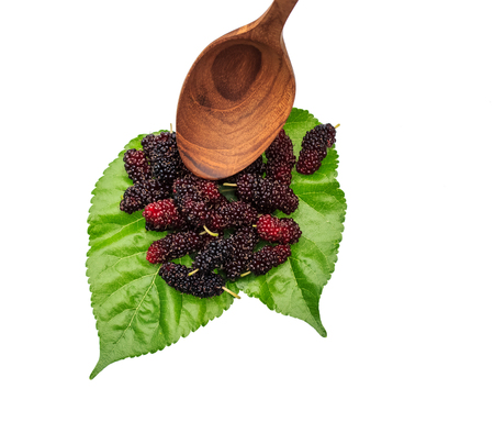 sweet mulberries and wood spoon on Green leaf  and white background.の写真素材