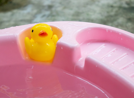 Yellow rubber duck in the bathtubの写真素材