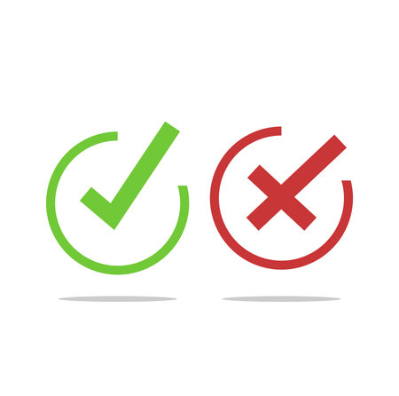 Yes and No or Right and Wrong or Approved and Declined Icons with Check Mark and X Signs in Green and Red circleのイラスト素材