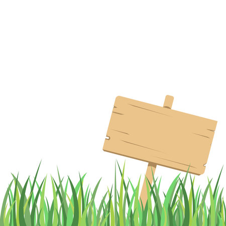 illustration of isolated cartoon style wooden sign and grass on white.の写真素材