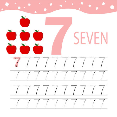 Kids learning material. Card for learning numbers. Number 7  and apple fruitのイラスト素材
