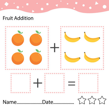 Education game for children fun addition by counting and tracing the number of cute cartoon orange and banana printable fruit worksheetのイラスト素材