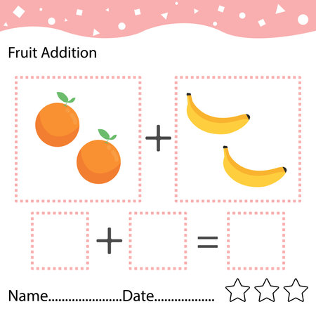 Education game for children fun addition by counting and tracing the number of cute cartoon orange and banana printable fruit worksheetのイラスト素材