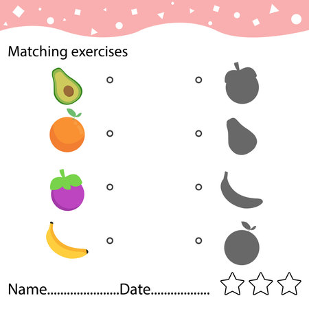 Set of cute fruits, orange,avocado, banana, mango. Find the correct shadow. Educational game for children. Cartoon vector illustration.のイラスト素材
