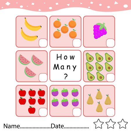 Counting game, how many fruits. Educational children game, printable worksheet,illustrationのイラスト素材