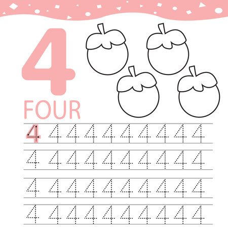 Kids learning material. Card for learning numbers and paint mangosteen fruit . Number 4.の写真素材