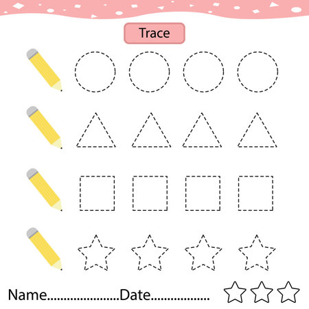Preschool Worksheet - Dotted Lines Shape circle, triangle, square, star. Learn to write. Trace sheet. Illustration  outline - A4 paper, ready for printing. Workbook for kids handwriting repeat.の写真素材