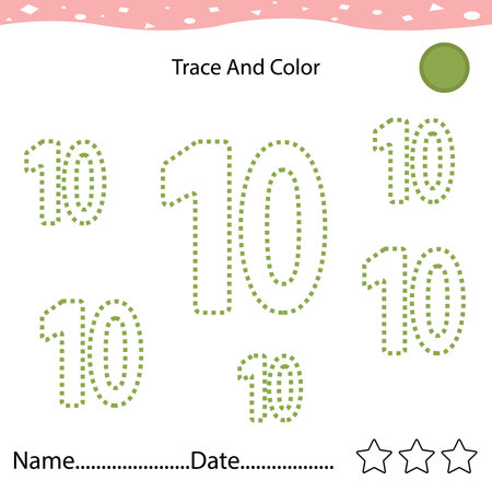 Number ten tracing practice worksheet for kids learning to count and to write. Worksheet for learning numbers. Number 10. Training write and count numbers. Coloring exercisesの写真素材